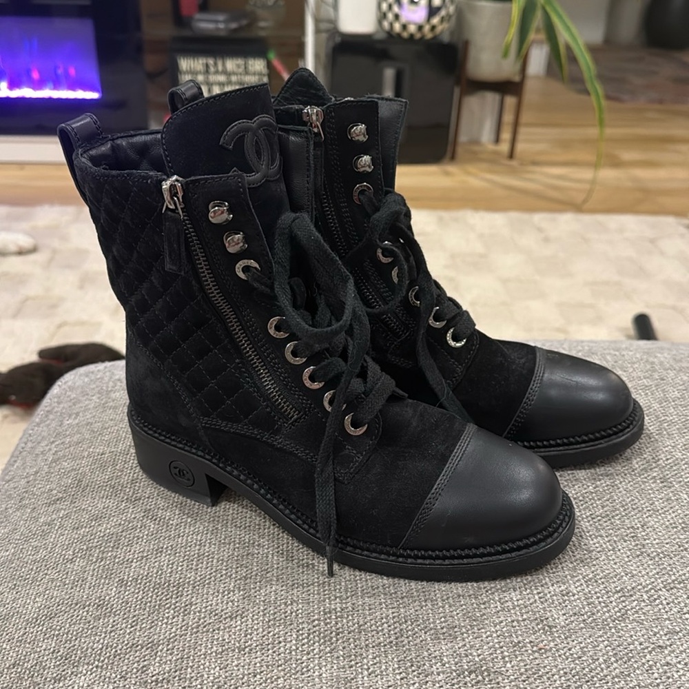 Chanel Suede and Leather Quilted Black Combat Boots